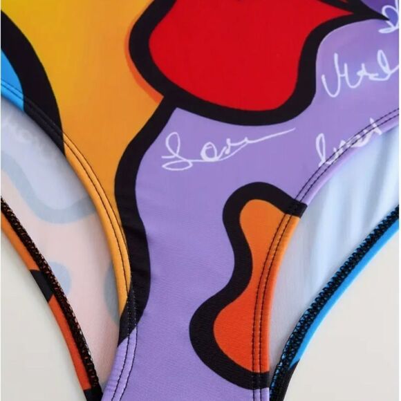 Colorful Graphics Abstract Face One Piece Swimsuit Beach Vacation Cruise Swim - Picture 6 of 6